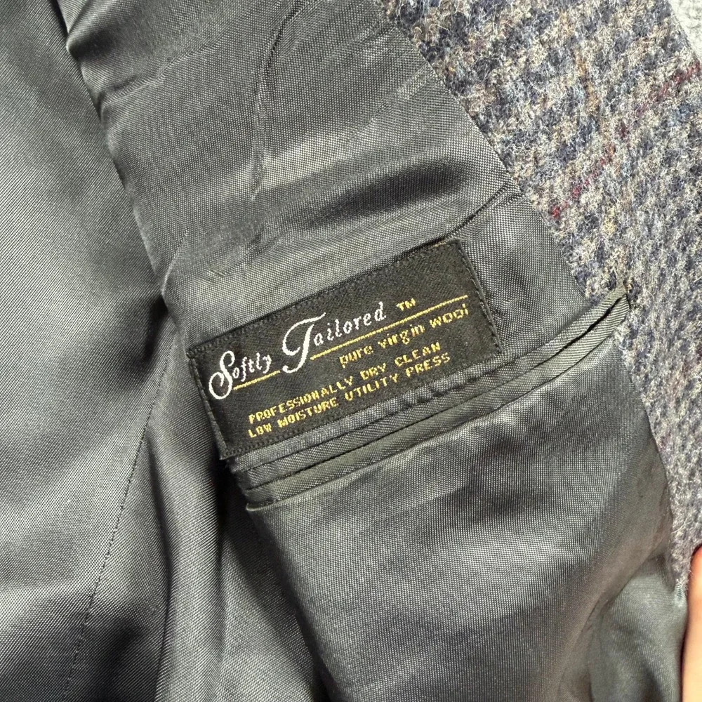 Hart Schaffner Marx Sport Coat Mens 40R Gray Blue Wool Houndstooth Blazer VTG